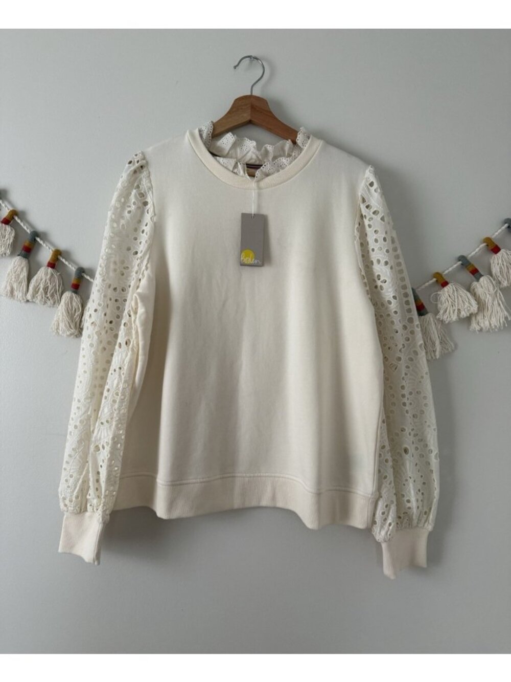 Boden Broderie Eyelet Blouson Sweatshirt Ivory Feminine Cottage Neutral NWT 14